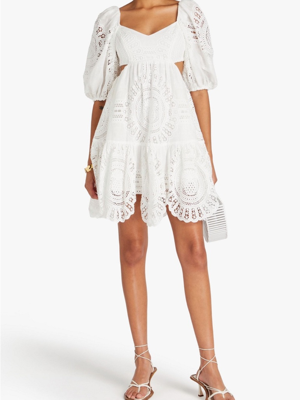 Zimmermann White Eyelet Cutout Puff-Sleeve Mini Dress
